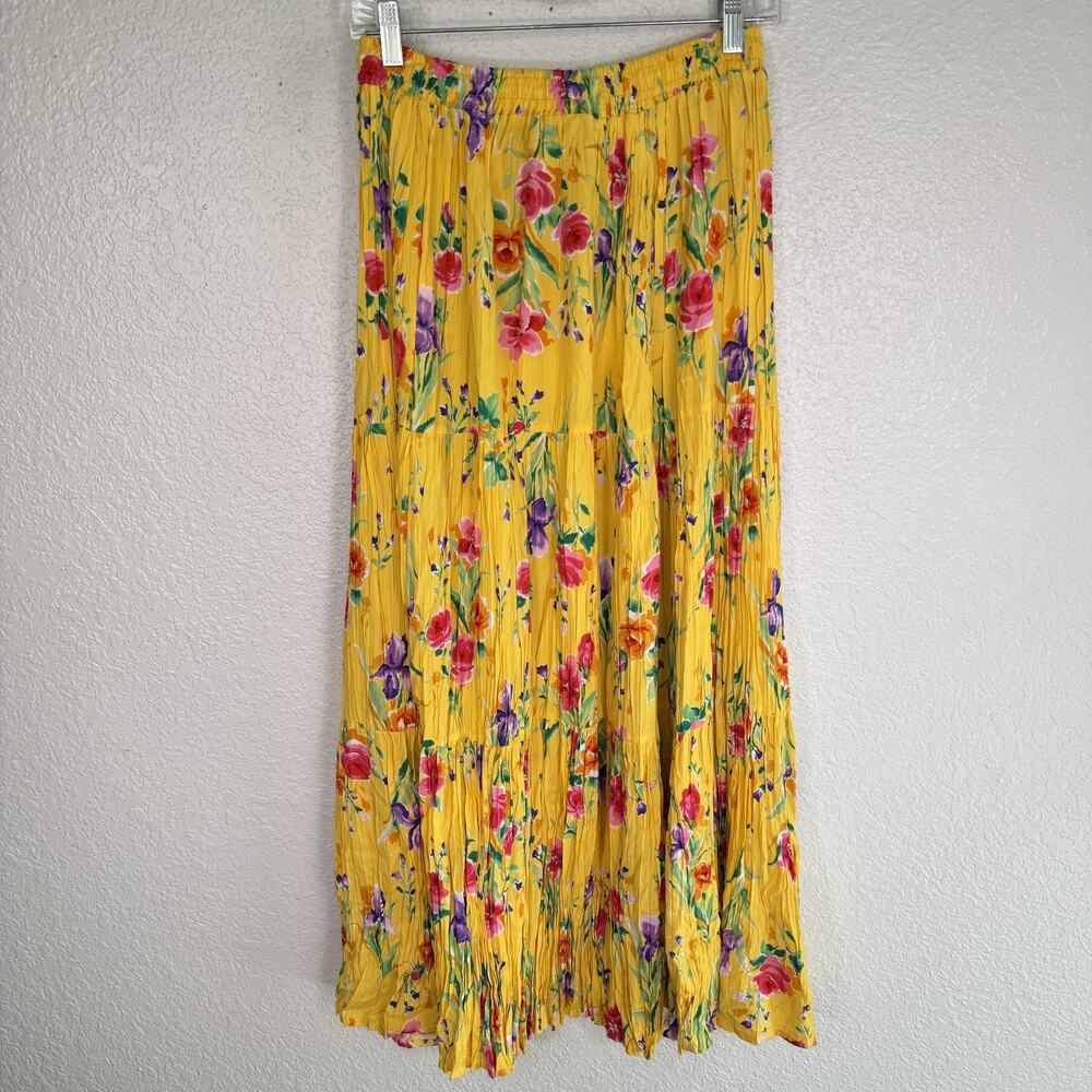 Vintage Painted Pony Skirt Womens One Size Floral Pleated Maxi Boho Yellow USA